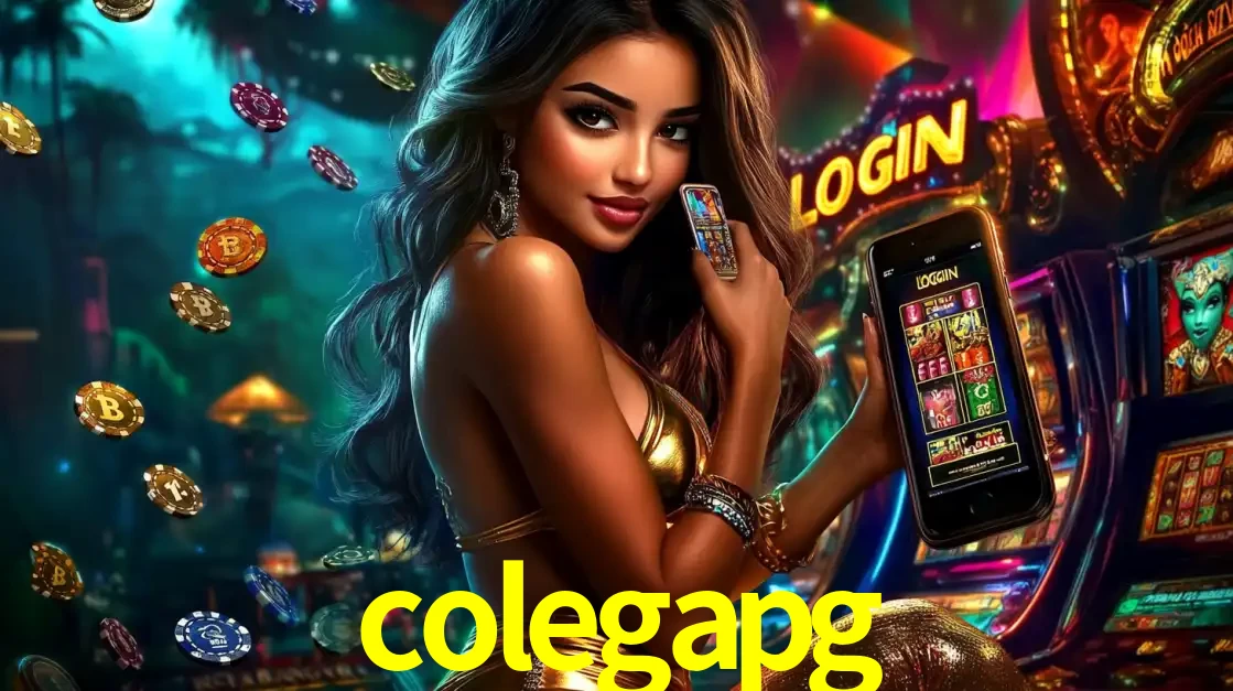 Mulher em um cenário de cassino temático de aventura, mostrando o app de caça-níqueis da colegapg no celular. Fichas de apostas flutuam ao redor.