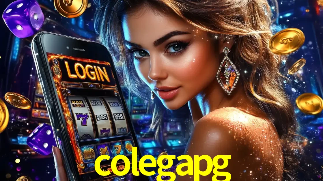 Mulher glamorosa segurando um smartphone com a tela de login para os jogos de caça-níqueis do cassino online colegapg, com moedas de ouro e dados ao redor.
